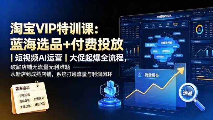 淘宝VIP特训课-更新:蓝海选品+付费投放|短视频AI运营|大促起爆全流程,破解店铺无流量无利润难题