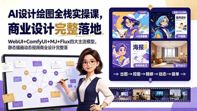AI设计绘图全栈实操课，WebUI+ComfyUI+MJ+Flux四大主流模型，静态插画动态视频商业设计完整落地教程