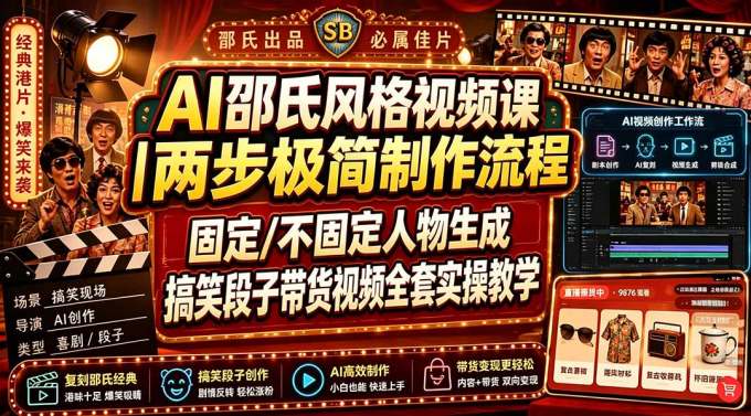 AI邵氏风格视频课｜两步极简制作流程，固定/不固定人物生成，搞笑段子带货视频全套实操教学
