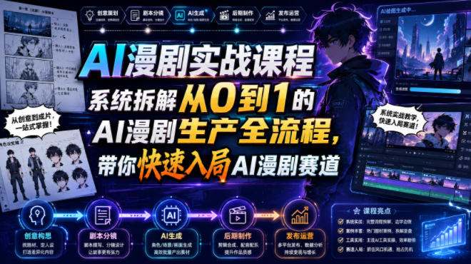 AI漫剧实战课程,系统拆解从0到1的AI漫剧生产全流程,带你快速入局AI漫剧赛道