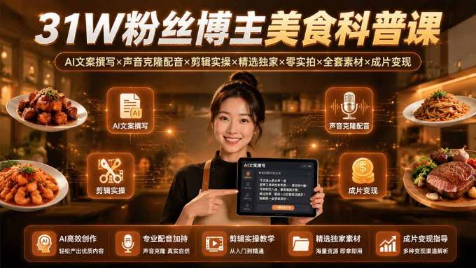 31W粉丝博主美食科普课:AI文案撰写×声音克隆配音×剪辑实操×精选独家×零实拍×全套素材×成片变现