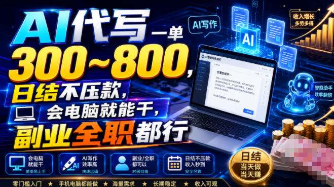 AI代写一单300~800,日结不压款,会电脑就能干,副业全职都行