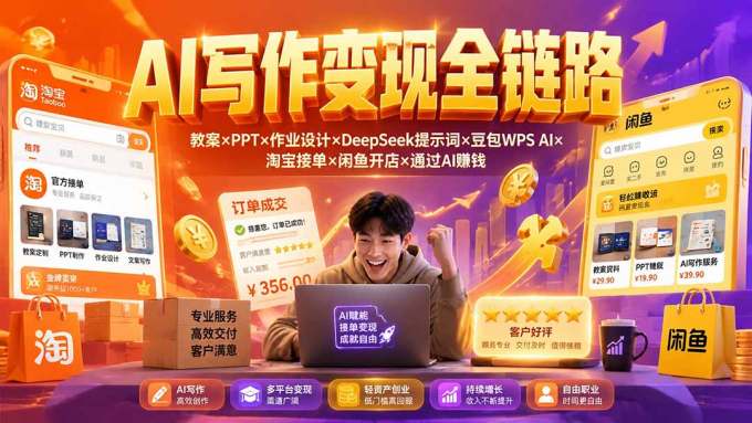2026AI写作变现全链路:教案×PPT×作业设计×DeepSeek提示词×豆包WPS AI×淘宝接单×闲鱼开店×通过AI賺钱