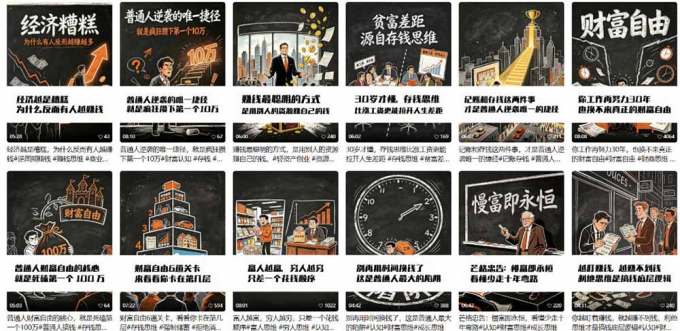 AI书单财富书籍图文解读:手绘黑白风格×一键直出×几十条视频跑1000单×全流程拆解×新手可上手