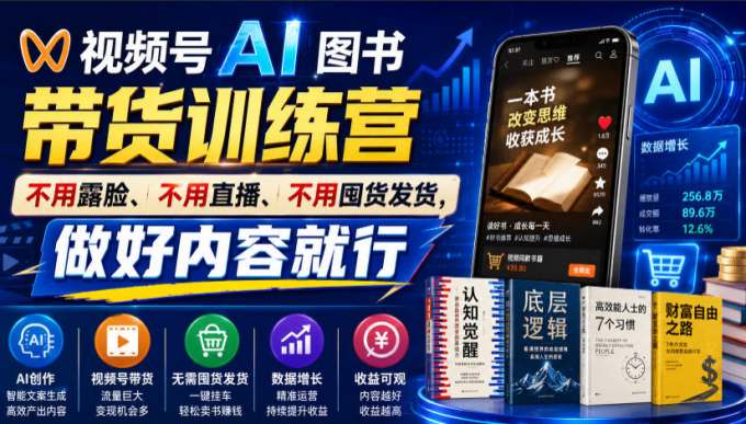 视频号AI图书带货训练营,不用露脸、不用直播、不用囤货发货,做好内容就行,一条爆款视频佣金8942