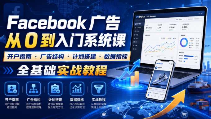 Facebook广告新手从0到入门系统课|开户指南・广告结构・计划搭建・数据指标全基础实战教程