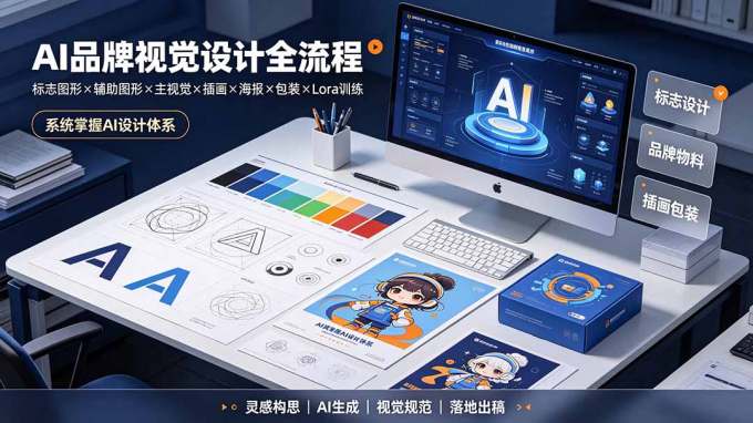AI品牌视觉设计全流程：标志图形×辅助图形×主视觉×插画×海报×包装×Lora训练，系统掌握AI设计体系