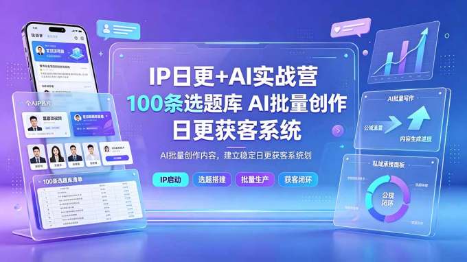 IP日更+AI实战营：IP置顶视频制作×100条选题库搭建×10条日更规划，AI批量创作内容，建立稳定日更获客系统