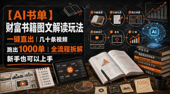 【AI书单】财富书籍图文解读玩法,一键直出,几十条视频,跑出1000单,全流程拆解,新手也可以上手