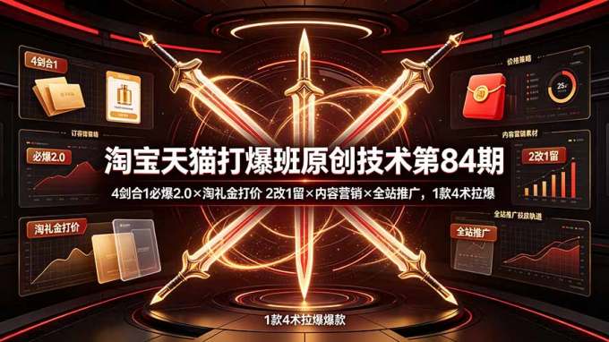 淘宝天猫打爆班原创技术第84期:4剑合1必爆2.0×淘礼金打价×2改1留×内容营销×全站推广,1款4术拉爆