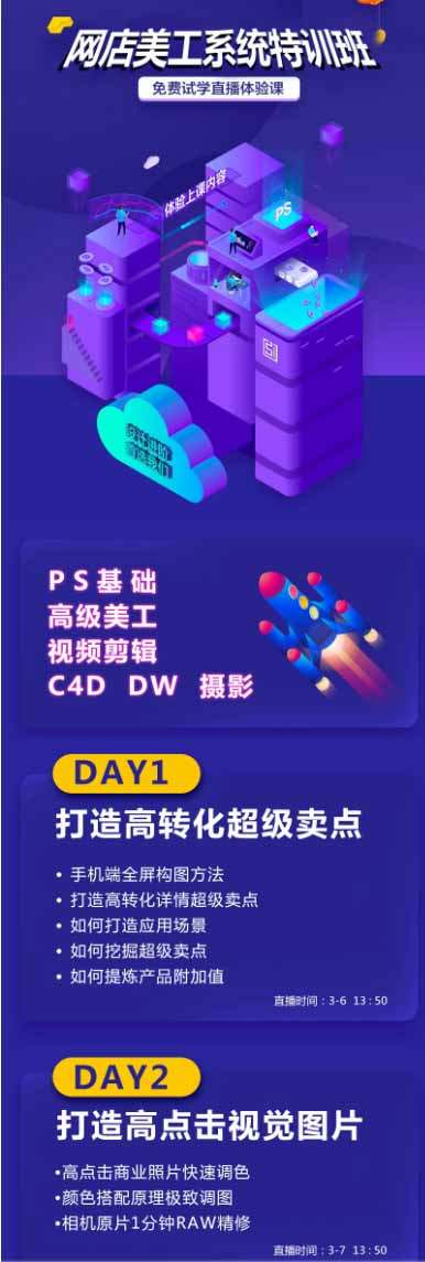 网店美工系统精英班-7月:PS基础×主图设计×海报实战×详情页×首页装修×产品修图×视频剪辑×人像精修。