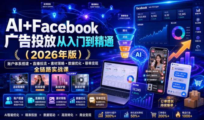 AI+Facebook广告投放从入门到精通(2026年版)|账户体系搭建・直播投流・素材策略・数据优化・聊单变现全链路实战课