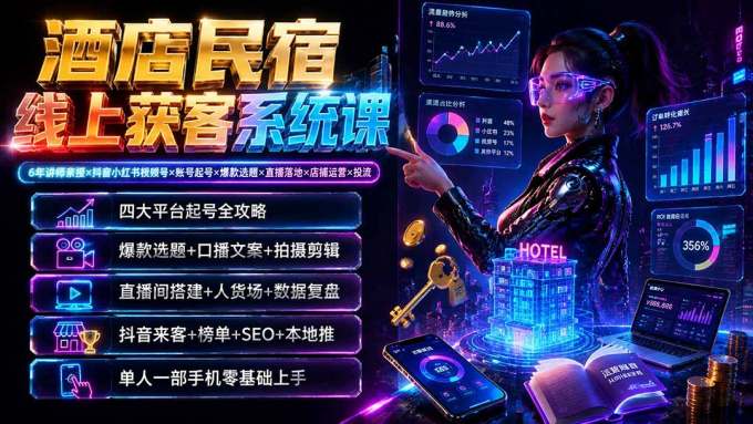 酒店民宿线上获客系统课:6年讲师亲授×抖音小红书视频号×账号起号×爆款选题×直播落地×店铺运营×投流