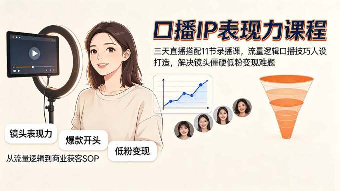 口播IP表现力课程|三天直播搭配11节录播课,流量逻辑口播技巧人设打造,解决镜头僵硬低粉变现难题
