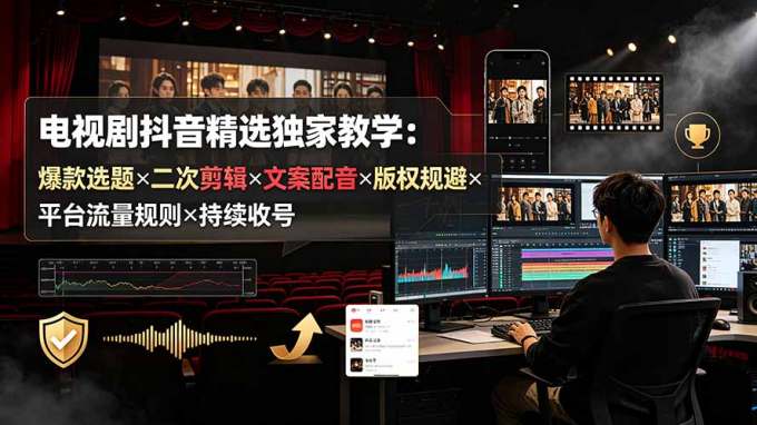电视剧抖音精选独家教学:爆款选题×二次剪辑×文案配音×版权规避×平台流量规则×持续收益账号