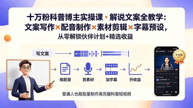 10万粉科普博主实操课-解说文案全教学:文案写作×配音制作×素材剪辑×字幕预设,从零解锁伙伴计划+精选收益