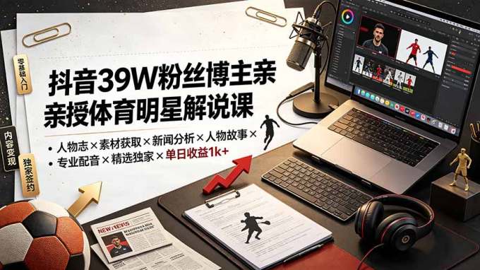 抖音39W粉丝博主亲授体育明星解说课:人物志×素材获取×新闻分析×人物故事×专业配音×精选独家×单日收益1k+