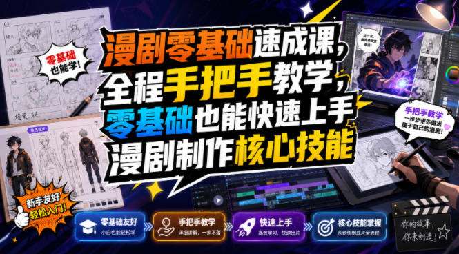 漫剧零基础速成课，全程手把手教学，零基础也能快速上手漫剧制作核心技能