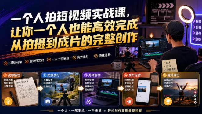 一个人拍短视频实战课,让你一个人也能高效完成从拍摄到成片的完整创作