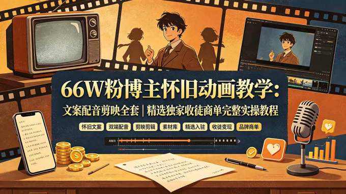 66W粉博主怀旧动画教学:文案配音剪映全套|精选独家收徒商单完整实操教程