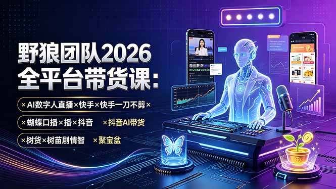 野狼团队2026全平台带货课-7月:AI数字人直播×快手一刀不剪×蝴蝶口播×抖音AI带货×树苗剧情智剪×聚宝盆