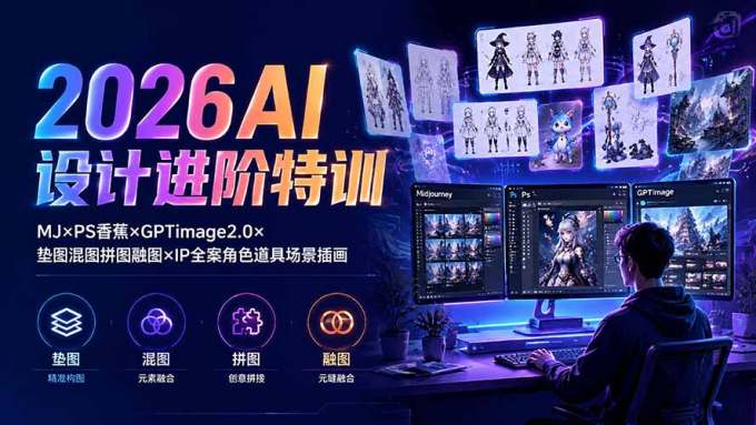 2026AI设计进阶特训:MJ×PS香蕉×GPTimage2.0×垫图混图拼图融图×IP全案角色道具场景插画