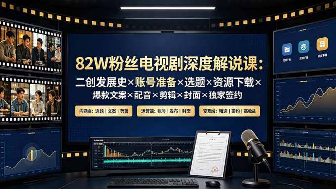 82W粉丝电视剧深度解说课:二创发展史×账号准备×选题×资源下载×爆款文案×配音×剪辑×封面×独家签约