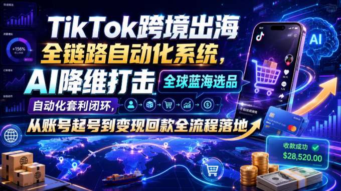 TikTok跨境出海全链路自动化系统，AI降维打击全球蓝海选品自动化套利闭环，从账号起号到变现回款全流程落地（2026年7月）