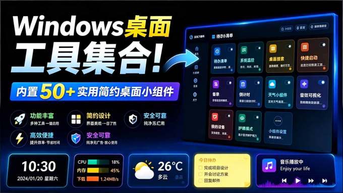 Windows桌面工具集合!内置50+实用简约桌面小组件,含截图、录屏、翻译、天气等,多秘工具箱