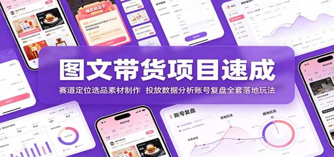 图文带货项目速成:赛道定位选品素材制作,投放数据分析账号复盘全套落地玩法