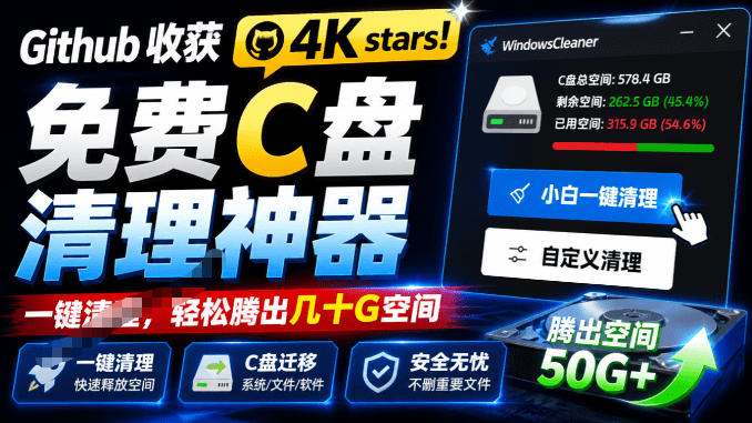 Github收获4K stars!免费C盘清理神器,轻松腾出几十G空间,支持C盘迁移Windows Cleaner