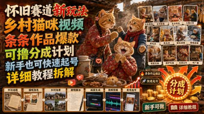 怀旧赛道新玩法,乡村猫咪视频,条条作品爆款,可撸分成计划,新手也可快速起号,详细教程拆解