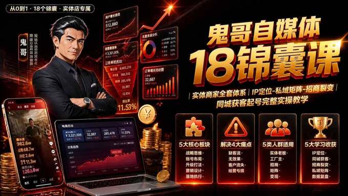 鬼哥自媒体18锦囊课|实体商家全套体系|IP 定位-私域矩阵-招商裂变|同城获客起号完整实操教学