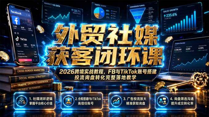外贸社媒获客闭环课|2026跨境实战教程,FB与TikTok账号搭建投流询盘转化完整落地教学