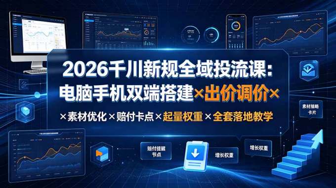 2026千川新规全域投流课：电脑手机双端搭建×出价调价×素材优化×赔付卡点×起量权重×全套落地教学
