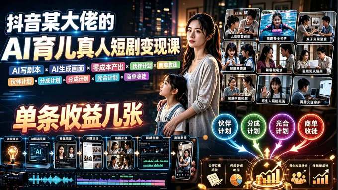 AI育儿真人短剧变现课:AI写剧本×AI生成画面×零成本产出×伙伴计划×分成计划×光合计划×商单收徒