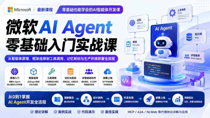 微软AI Agent零基础入门实战课：从智能体原理、框架选择到工具调用、记忆规划与生产环境部署全流程