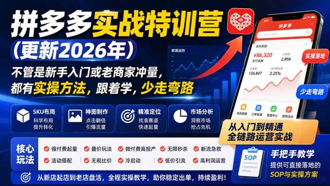 拼多多实战特训营(更新2026年):不管是新手入门或老商家冲量,都有实操方法,跟着学,少走弯路
