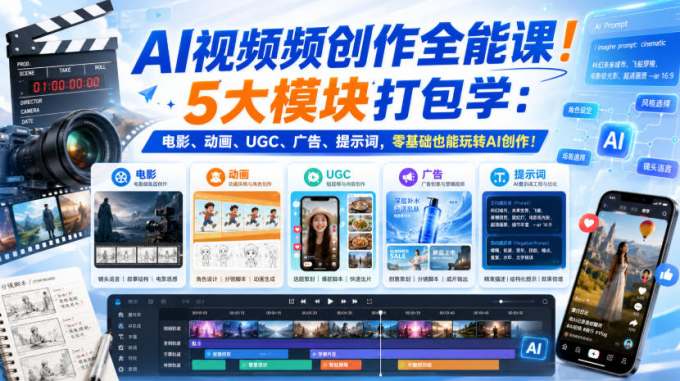 AI视频频创作全能课！5大模块打包学：电影、动画、UGC、广告、提示词，零基础也能玩转AI创作！【原创双语字幕】