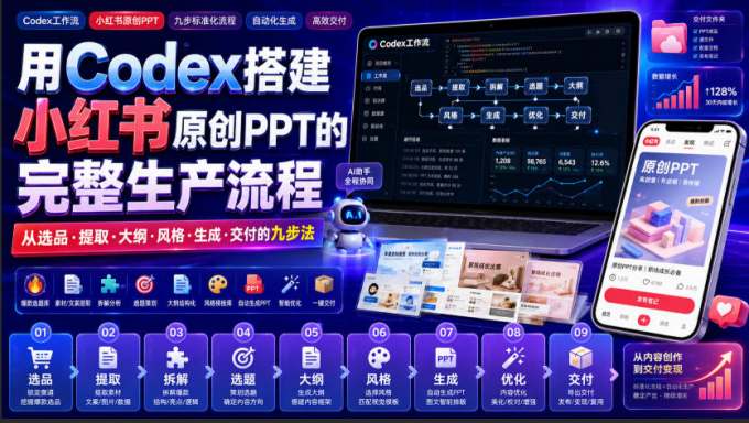 用Codex搭建小红书原创PPT的完整生产流程,从选品·提取·大纲·风格·生成·交付的九步法