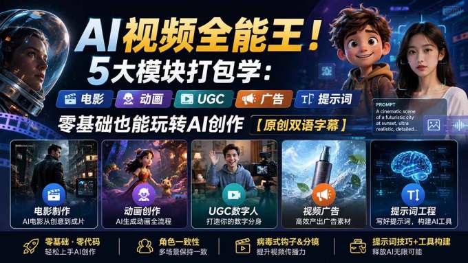 AI视频全能王！5大模块打包学：电影、动画、UGC、广告、提示词，零基础也能玩转AI创作【原创双语字幕】