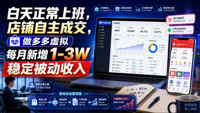 白天正常上班,店铺自主成交,做多多虚拟每月新增1-3W稳定被动收入