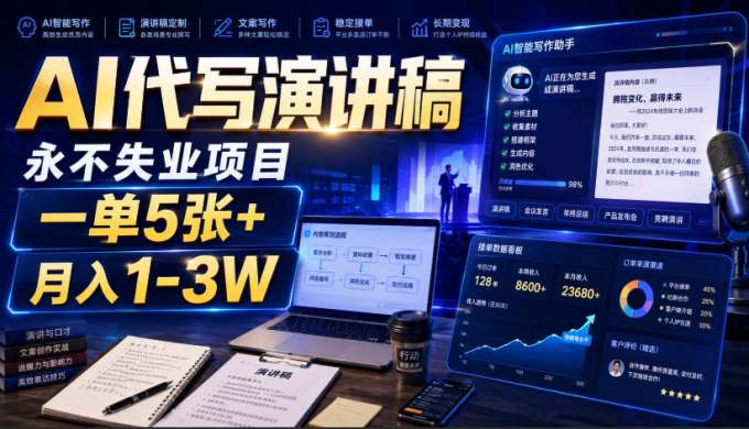 AI代写演讲稿,永不失业项目,一单5张+,月入1-3W