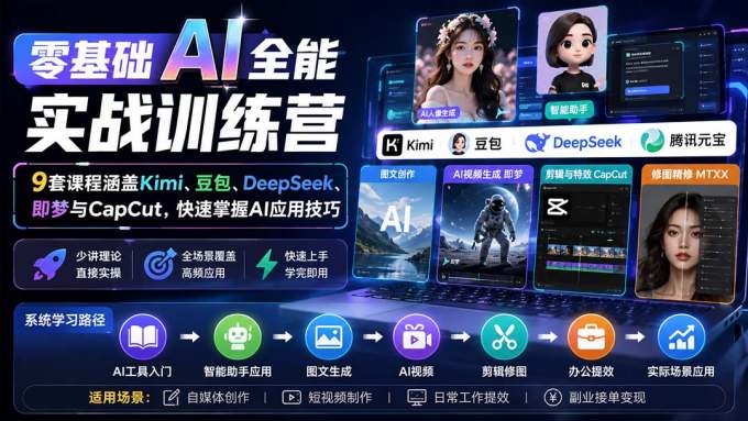 零基础AI全能实战训练营:9套课程涵盖Kimi、豆包、DeepSeek、即梦与CapCut,快速掌握AI应用技巧