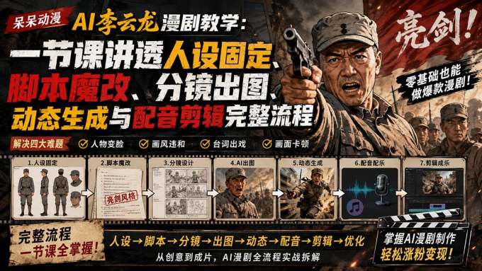 呆呆动漫AI李云龙漫剧教学：一节课讲透人设固定、脚本魔改、分镜出图、动态生成与配音剪辑完整流程