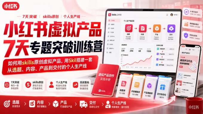 小红书虚拟产品7天专题突破训练营，如何用skills原创虚拟产品，用Skil搭建一套从选题、内容、产品到交付的个人生产线