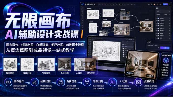 无限画布AI辅助设计实战课｜画布操作、线稿出图、白模渲染、毛坯出图、AI改图全流程，从概念草图到成品视觉一站式教学
