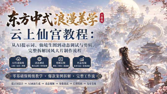 东方中式浪漫美学云上仙宫教程:从AI提示词、仙境生图到动态调试与剪辑,完整拆解国风大片制作流程