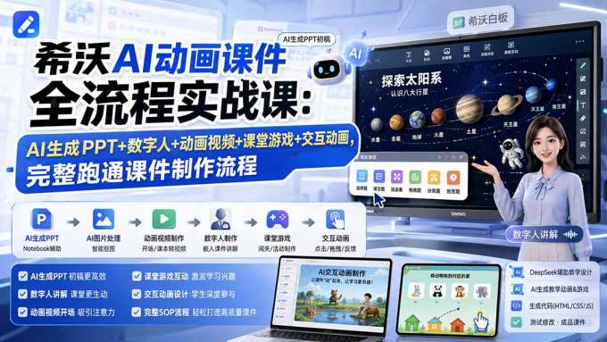 希沃AI动画课件全流程实战课:AI生成PPT+数字人+动画视频+课堂游戏+交互动画,完整跑通课件制作流程