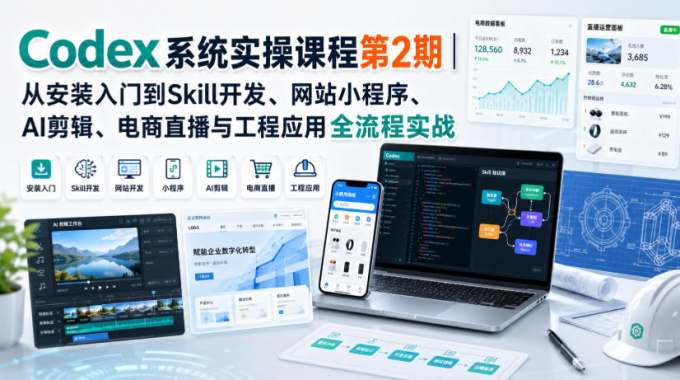 Codex系统实操课程第2期｜从安装入门到Skill开发、网站小程序、AI剪辑、电商直播与工程应用全流程实战